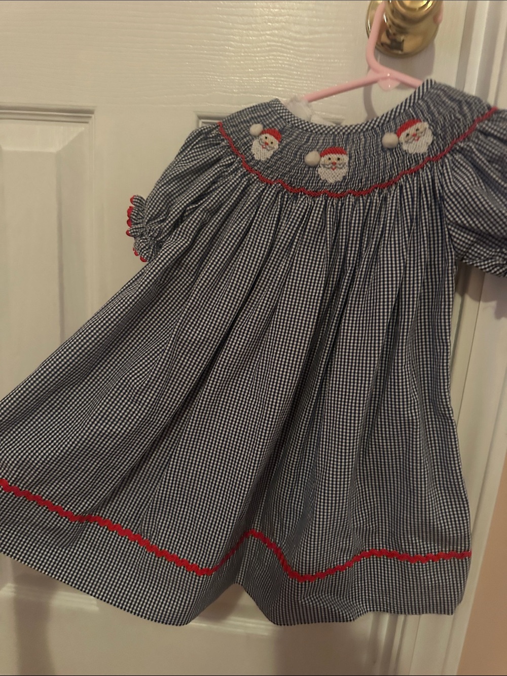Girls Blk Gingham Christmas Smocked Dress with Red Trim Smocked or Not Bishop